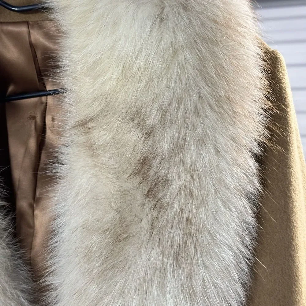 Vintage Regency Cashmere Coat Women Medium 70s Glam Fashion Fox Fur Long Brown - Picture 8 of 14